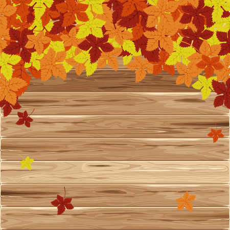 Autumn frame on wood background. Vector illustration. Floral vector pattern. Fashion Graphic Design. Beauty concept. Bright colors leaves. Template for prints, textile, wrapping and decoration.のイラスト素材