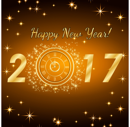 Happy New Year 2017. Vector background.Typographic Wishes and Winter Holiday Elements on gold background. Greeting illustration for Xmas. Template for invitation, banner, poster, rooster year.のイラスト素材