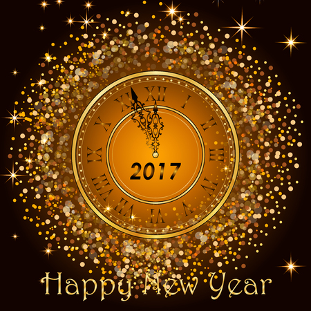 Happy New Year 2017. Vector background.Typographic Wishes and Winter Holiday Elements on gold background. Greeting illustration for Xmas. Template for invitation, flyer, banner, poster, rooster year.のイラスト素材