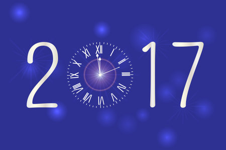 Happy New Year 2017. Vector background.Typographic Wishes and Winter Holiday Elements on blue...