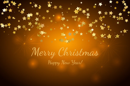 Merry Christmas and Happy New Year. Gold stars. Holiday background. Golden decorative design for card, banner, greeting, vintage decoration. Symbol of celebration, holiday. Vector illustrationのイラスト素材