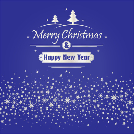 Merry Christmas and Happy New Year with white snowflakes. Holiday blue background. Decorative design for card, banner, greeting, vintage decoration. Symbol of celebration, holiday. Vector illustrationのイラスト素材