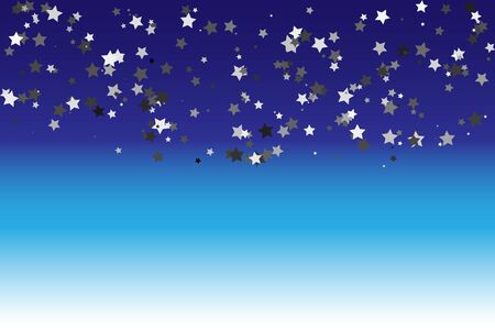 Serpentine stars, isolated on blue background. Streamers confetti . Vector Illustration of silver decoration. Falling silver decoration for party, birthday celebrate, anniversary or event, festive.のイラスト素材