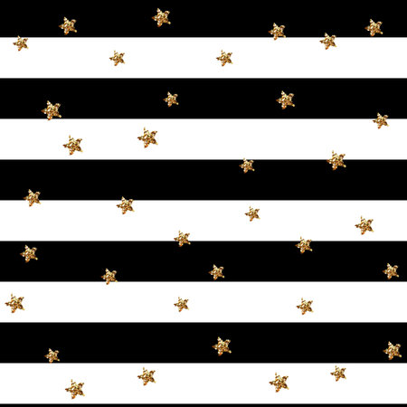 Gold glittering stars confetti seamless pattern on stripe background. Vector illustration. Glitter...