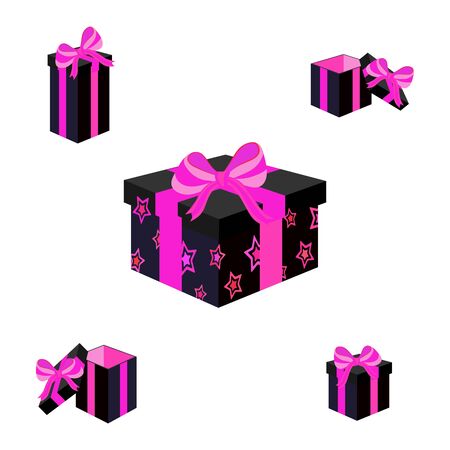 Set of different colorful wrapped gift boxes. Flat design. Beautiful present with bow. Symbol and icon for Christmas gift box. Isolated vector illustration.のイラスト素材