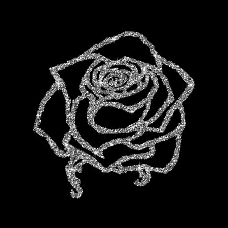Rose sketch. Flower design glitter outline. Vector illustration. Elegant floral outline design. Silver symbol isolated on black background. Abstract rose. Good for design, logo or decorationのイラスト素材