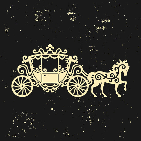 Horse-Carriage silhouette with horse. Vector illustration of brougham in baroque style. Vintage carriage isolated on dark background. Good for design, invitation card, logo or decorationのイラスト素材