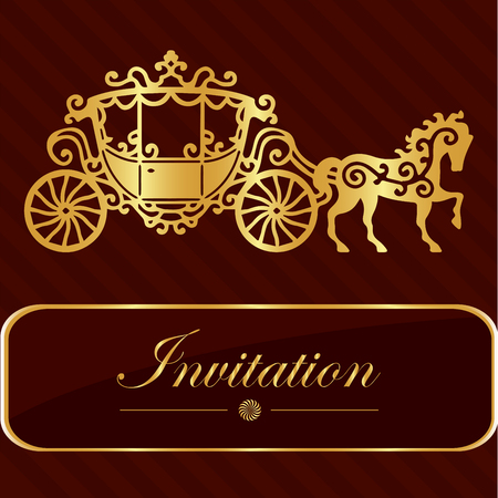 Invitation card with golden lettering. Vintage horse carriage design. Good idea for template, wedding card, retro style. Vector illustrationのイラスト素材