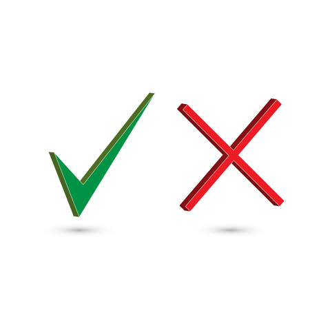 Check mark stickers. set of two simple web buttons: green check mark and red cross. Symbols YES and NO button for vote, decision, web. Vector illustrationのイラスト素材