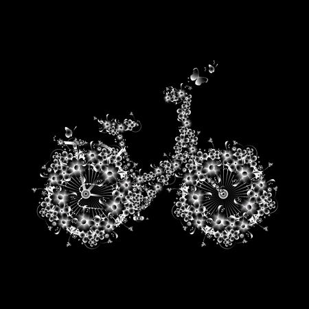 Bike with flowers, design element for wedding invitations, Floral Fauna, Mother's day, Valentine's,t shirt design and many more. Vector illustration with decorative floral ornament and butterflies.のイラスト素材