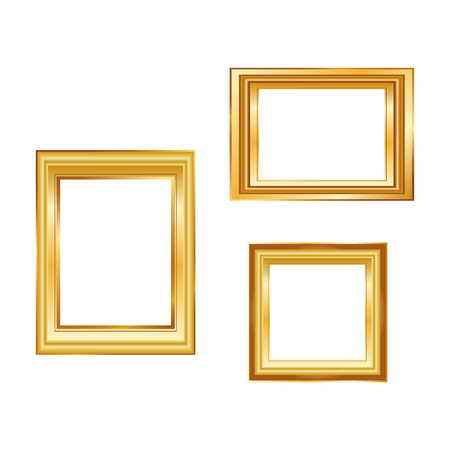 Set of golden frame isolated on white background. Classic style composition. Blank picture frame template. Modern design element for you product mock-up or presentation.のイラスト素材
