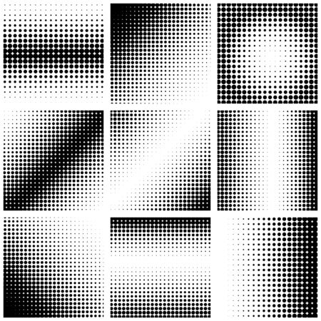 Set of abstract dotted background. Halftone effect. Vector texture. Modern background. Monochrome geometrical pattern. Strips of points. Black dots on white background.のイラスト素材