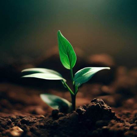 Green seedling illustrating concept of new life and new beginning with selective focusの素材