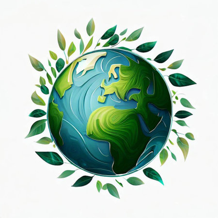 Illustration of planet earth with green leaves around on a white backgroundの素材