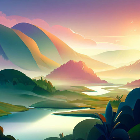 Beautiful landscape with lake and mountains at sunset. Vector illustration.の素材