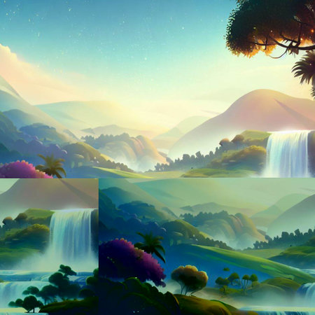 Waterfall in the mountains. Digital painting.の素材