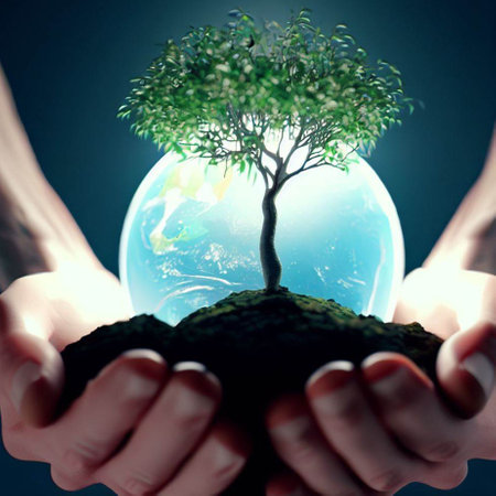 Close up of hands holding green tree in a glass globe. Ecology conceptの素材