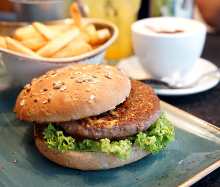 Hamburger with beef patty and vegetables