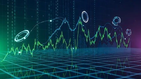 Abstract background with glowing forex candlestick chart. Stock market concept. 3D Renderingの素材