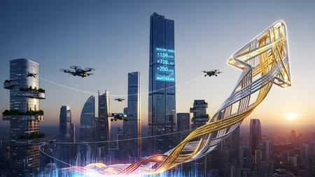 Modern skyscrapers and business technology concept. 3D Renderingの素材