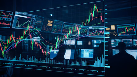 Stock market or forex trading graph and candlestick chart suitable for financial investment concept. Economy trends background for business idea and all art work design. Abstract finance background.の素材