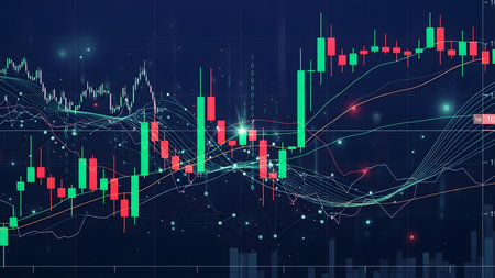 Stock market or forex trading graph and candlestick chart suitable for financial investment concept. Economy trends background for business idea and all art work design. Abstract finance background.の素材