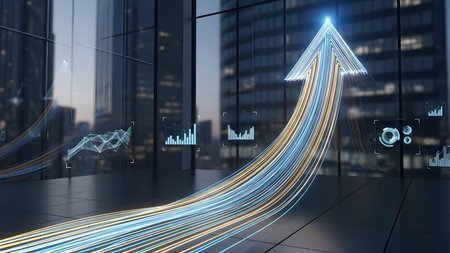 Digital glowing arrow pointing up over cityscape background. 3D renderingの素材