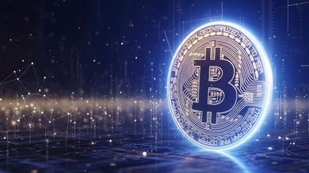 Bitcoin hologram on a blue background. 3d rendering toned image double exposureの素材