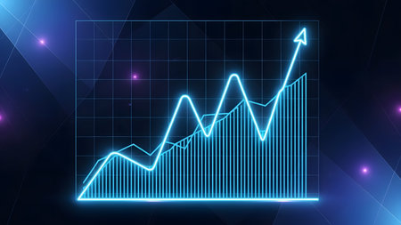 Illustration of a stock market chart on a dark background with neon lightsの素材
