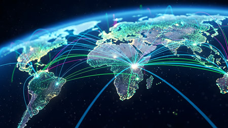 World map with glowing lines representing international connections. 3D illustration.の素材