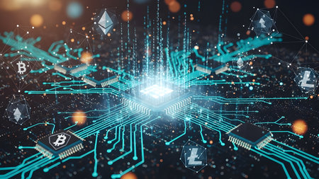 Digital cryptocurrency and blockchain concept. 3d rendering toned image double exposureの素材