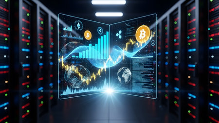 Digital business hologram in server room 3D rendering elements of this image furnished by NASAの素材