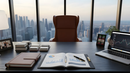 Laptop and office supplies on a desk with city view in the backgroundの素材