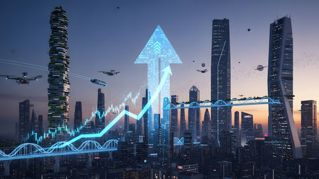 Modern cityscape with skyscrapers and financial graph hologram. 3D renderingの素材
