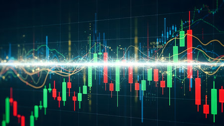 financial chart on stock market investment trading concept. 3d rendering toned image double exposureの素材