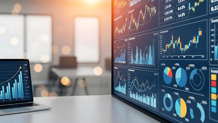Laptop with financial charts and graphs on screen. 3d renderingの素材