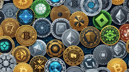 Crypto currency background. Golden, silver and bronze coins with bitcoin symbol. 3D renderingの素材
