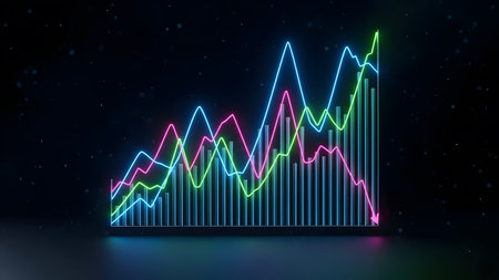 3d rendering of neon glowing forex chart on dark background. Stock market conceptの素材