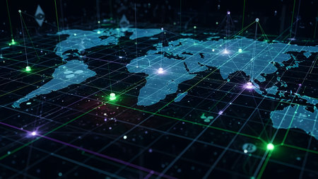 3D rendering of world map with glowing digital connections on dark backgroundの素材