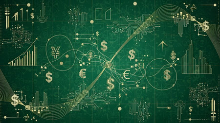 Digital illustration of financial chart on green background. Abstract technology background.の素材