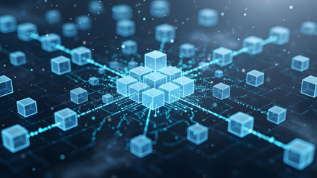 Abstract 3d rendering of blue cubes with connection lines on dark backgroundの素材