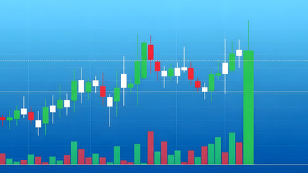 Candle stick graph chart with indicator showing bullish point or bearish point, up trend or down trend of price of stock market or stock exchange trading, investment and financial concept.の素材