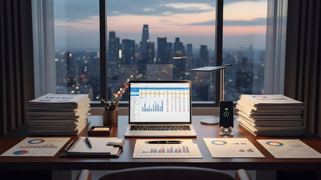 Laptop screen with financial charts and graphs on table in modern officeの素材