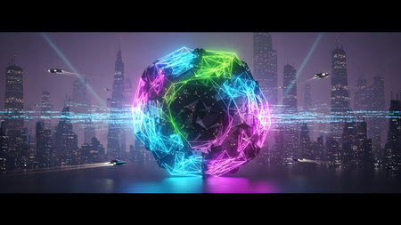 Futuristic abstract polygonal sphere with glowing lines on the background of the night cityの素材