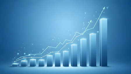3d rendering of a bar chart on a blue background with arrowsの素材
