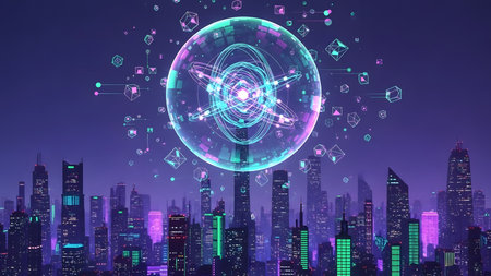 Digital hologram with planet hologram over cityscape at night, 3D renderingの素材