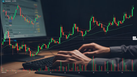 Stock market or forex trading graph and candlestick chart suitable for financial investment concept. Economy trends background for business idea and all art work design. Abstract finance background.の素材