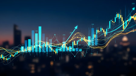 Abstract glowing forex chart interface on blurry city background. Finance and trade concept. Double exposureの素材
