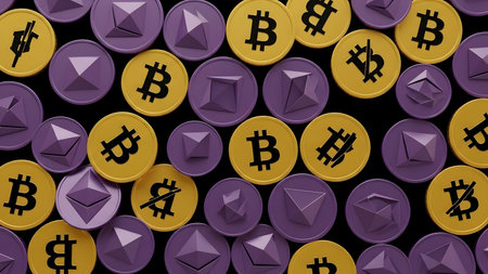 Bitcoin and Ethereum Cryptocurrency Coins Background. 3D Render.の素材