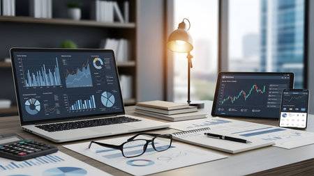 Laptop and digital devices with graphs and charts on table in office 3D renderingの素材